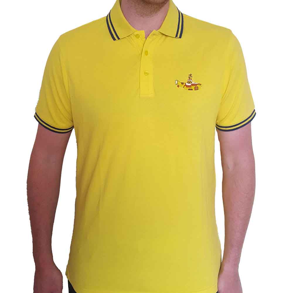 Navy blue Beatles polo shirt with Yellow Submarine emblem.