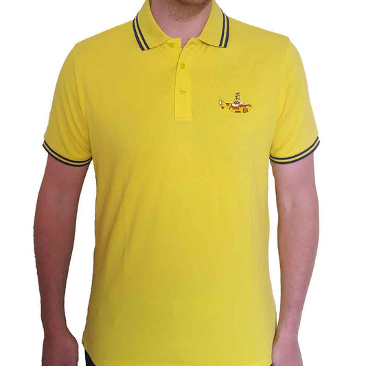 Navy blue Beatles polo shirt with Yellow Submarine emblem.