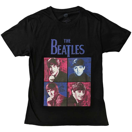 Black unisex t-shirt featuring a graphic print of the four Beatles band members.