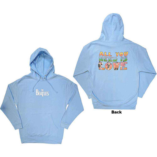 Dark hoodie with "All You Need Is Love" design printed on the back.