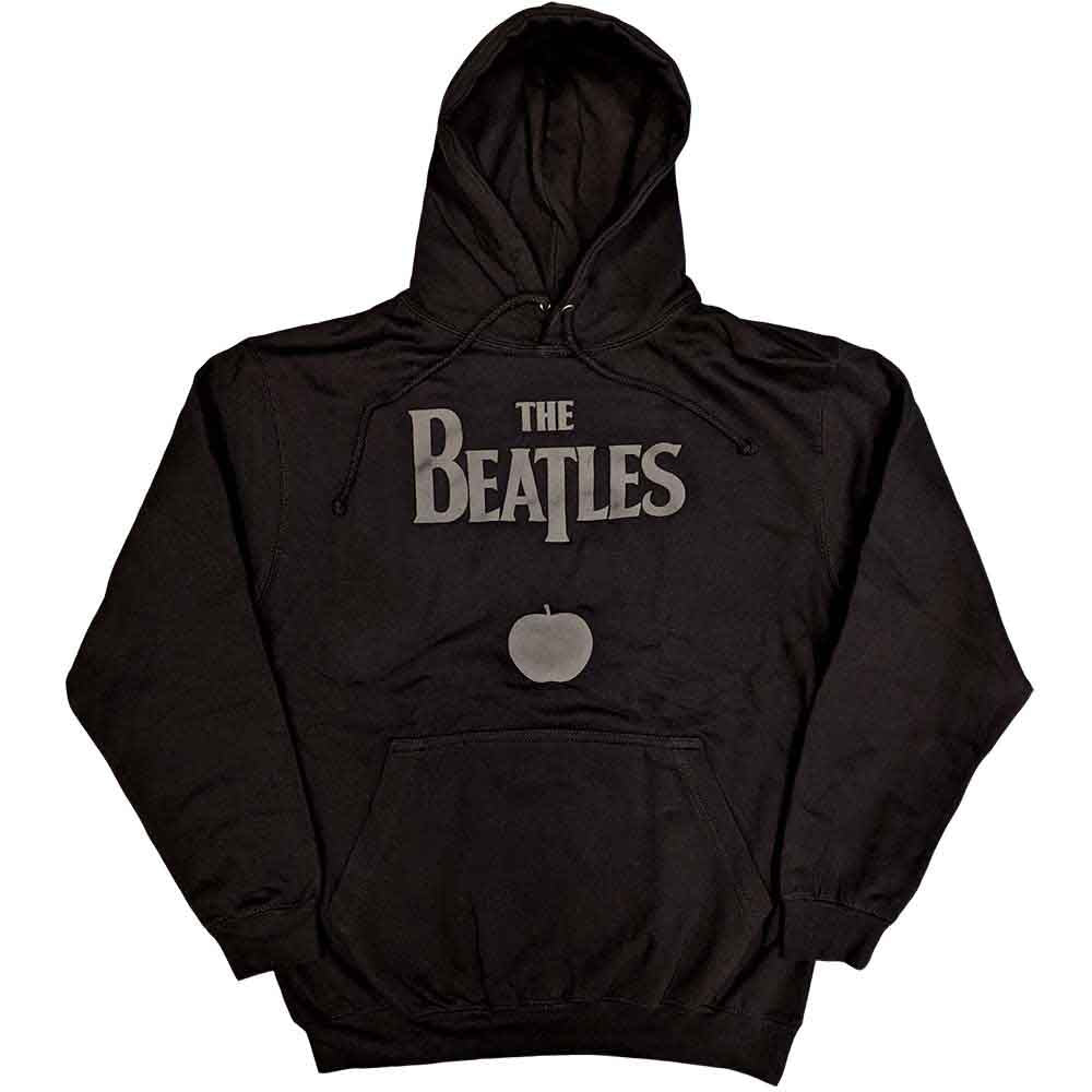 Black unisex pullover hoodie featuring The Beatles drop T logo and apple graphic.