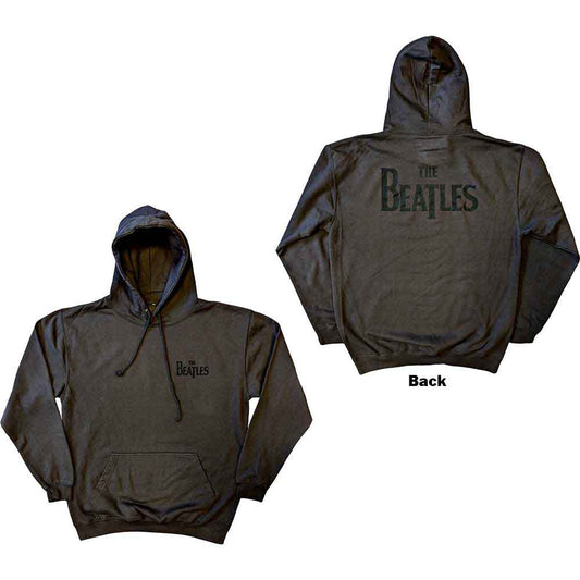 Dark-colored hoodie with a large white Beatles "Drop T" logo on the back.