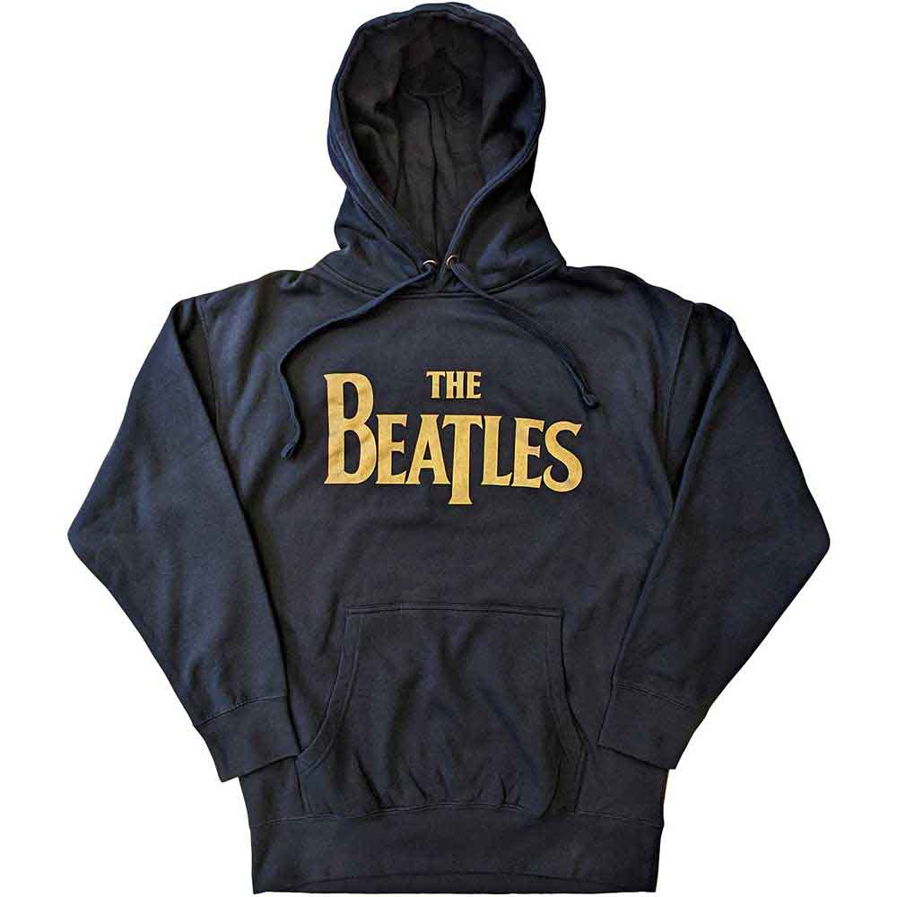 Gold Beatles "drop T" logo on a unisex, dark-colored pullover hoodie.