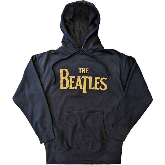 Gold Beatles "drop T" logo on a unisex, dark-colored pullover hoodie.
