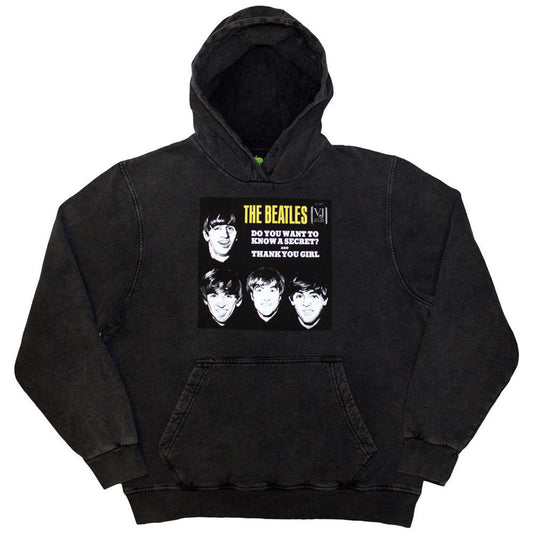 Unisex grey pullover hoodie featuring The Beatles logo and a secret sleeve design.