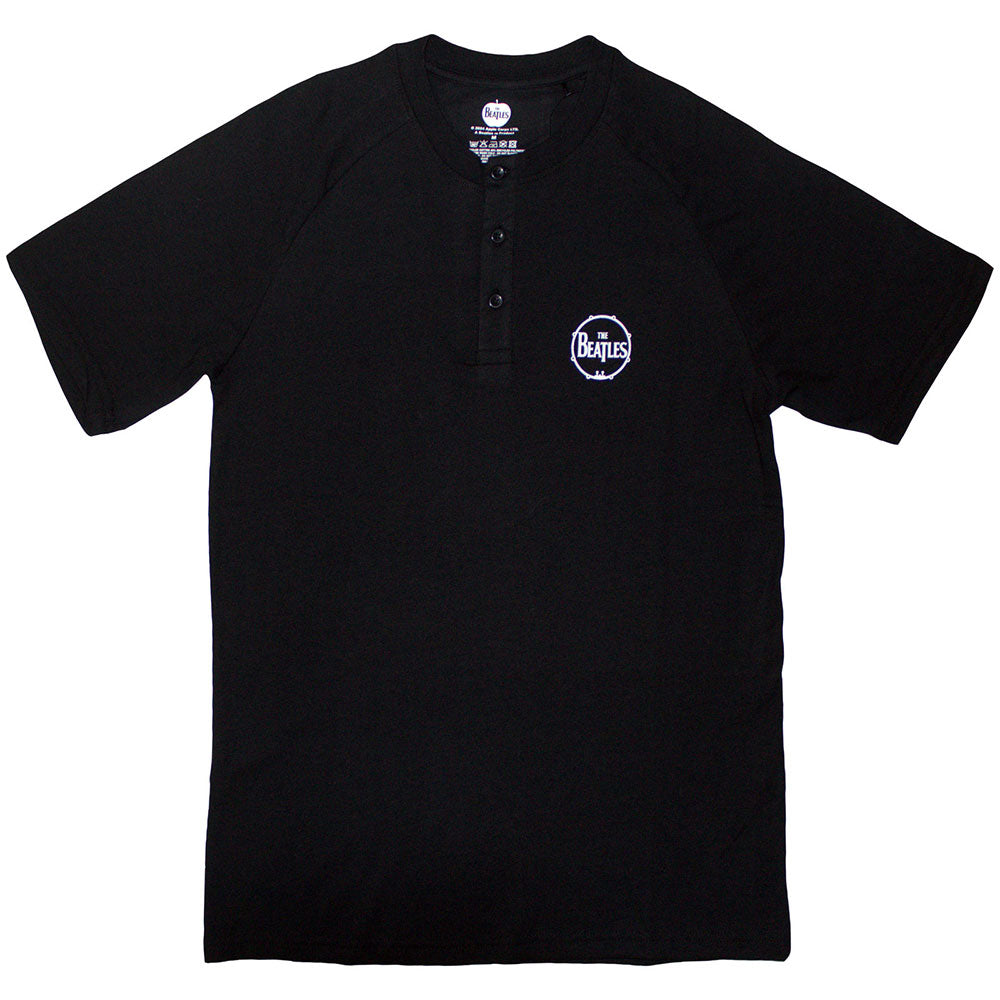 Black raglan t-shirt with small Beatles drum logo and 3-button collar.