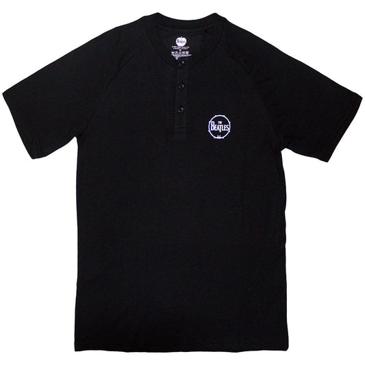 Black raglan t-shirt with small Beatles drum logo and 3-button collar.