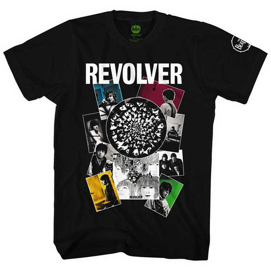 Black t-shirt featuring a collage of imagery from The Beatles’ Revolver album cover.