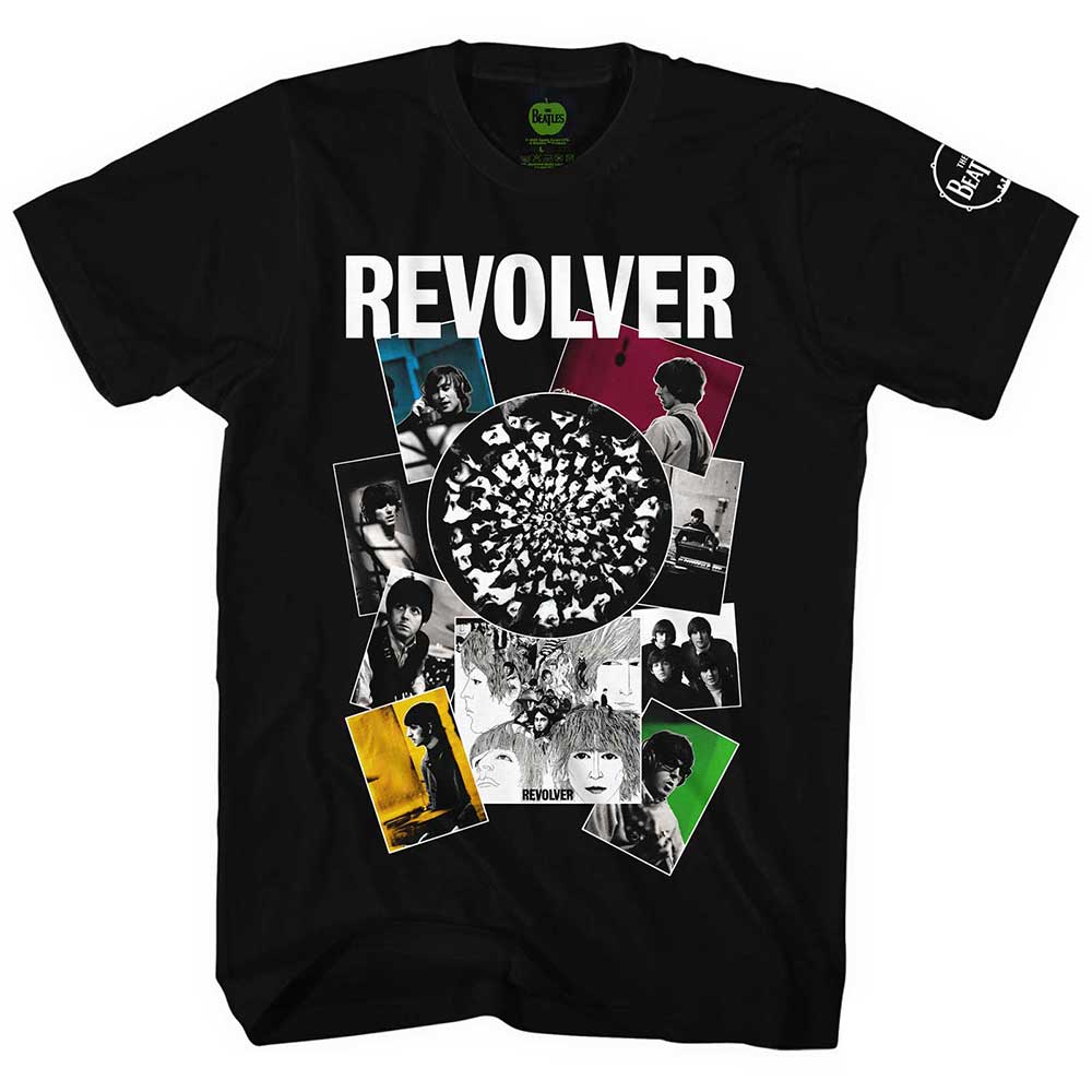 Black t-shirt featuring a collage of imagery from The Beatles’ Revolver album cover.