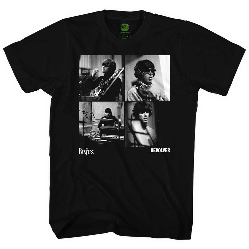 Large black t-shirt featuring studio photos of The Beatles from the Revolver album.
