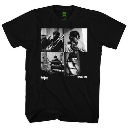 Large black t-shirt featuring studio photos of The Beatles from the Revolver album.