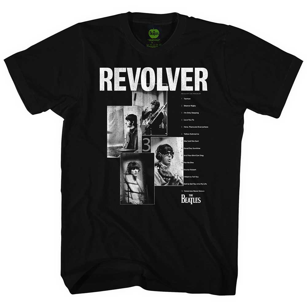 Black unisex t-shirt featuring the Beatles Revolver album tracklist in white text.