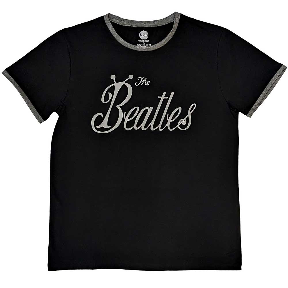 A white unisex ringer t-shirt featuring The Beatles bug logo on the chest.