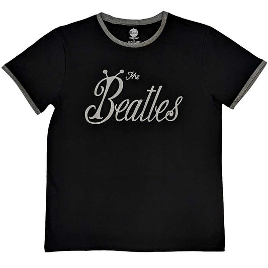 A white unisex ringer t-shirt featuring The Beatles bug logo on the chest.