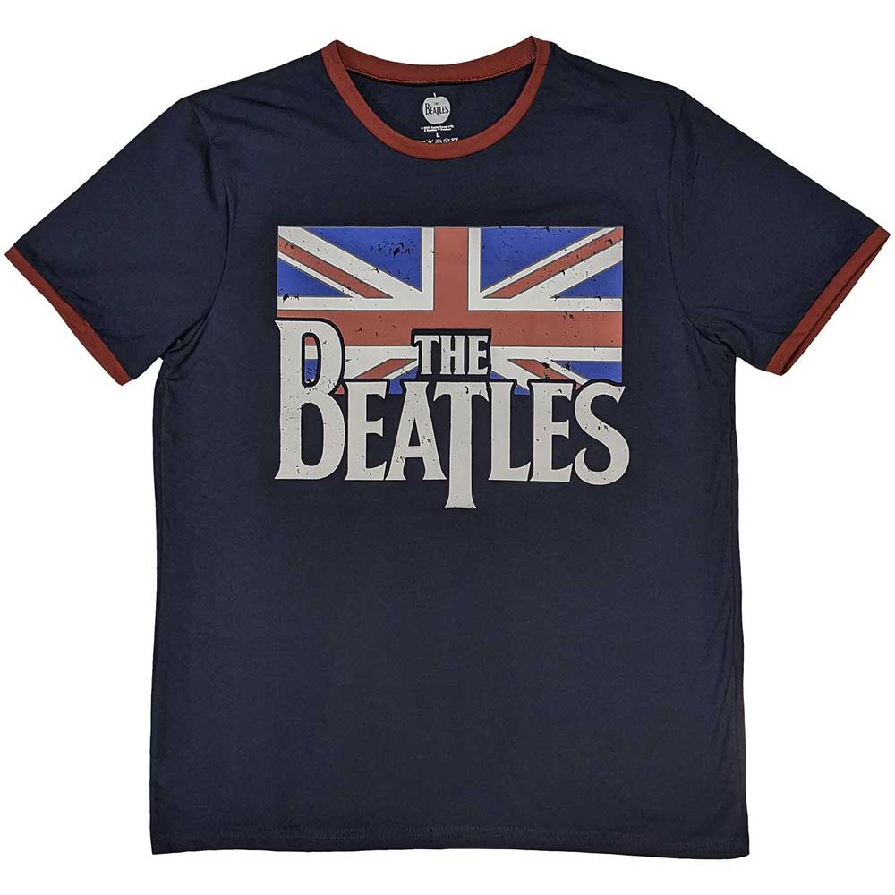 Large grey ringer t-shirt with Beatles Drop T logo and vintage flag design.