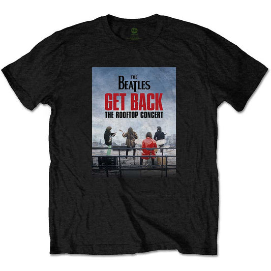 Black t-shirt depicting The Beatles performing on a rooftop, size XX-Large.