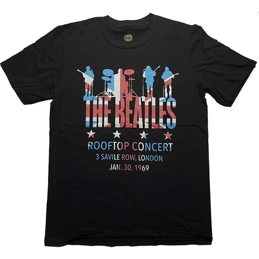 Large black t-shirt featuring The Beatles’ Rooftop Concert flag design.