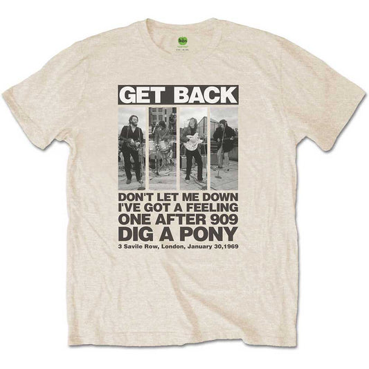 Beige t-shirt with black and white Beatles rooftop concert graphic.