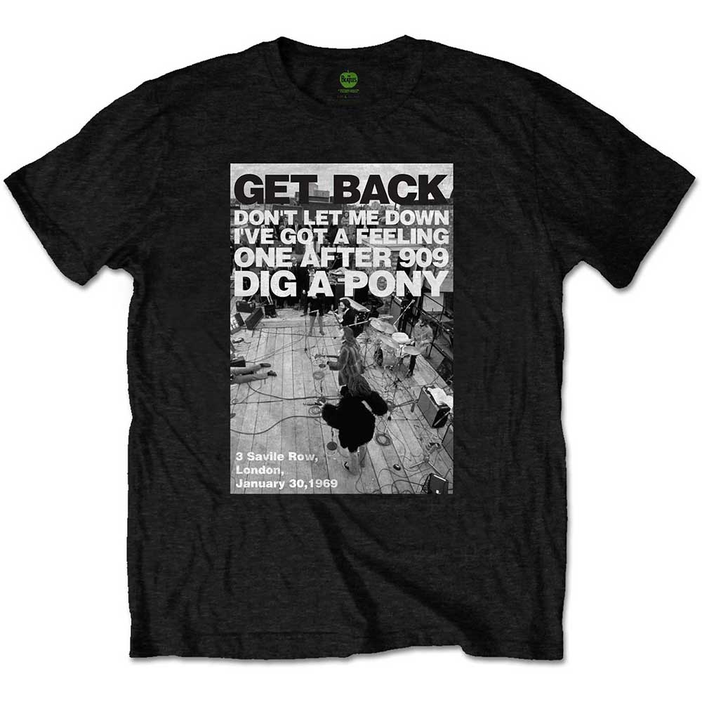 Beige t-shirt with black and white Beatles rooftop concert graphic.