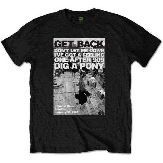 Beige t-shirt with black and white Beatles rooftop concert graphic.