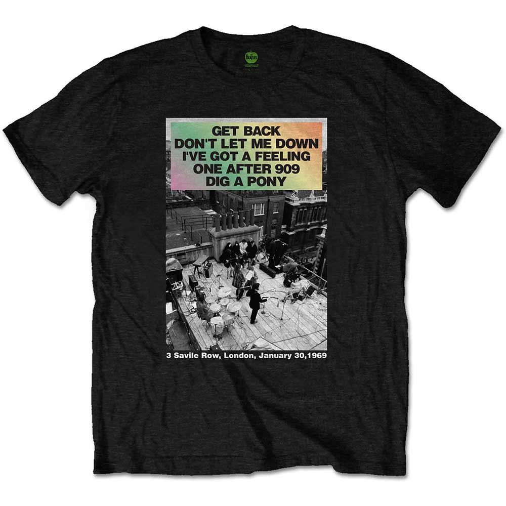 Beatles rooftop concert gradient t-shirt, large size, blue and orange tones.