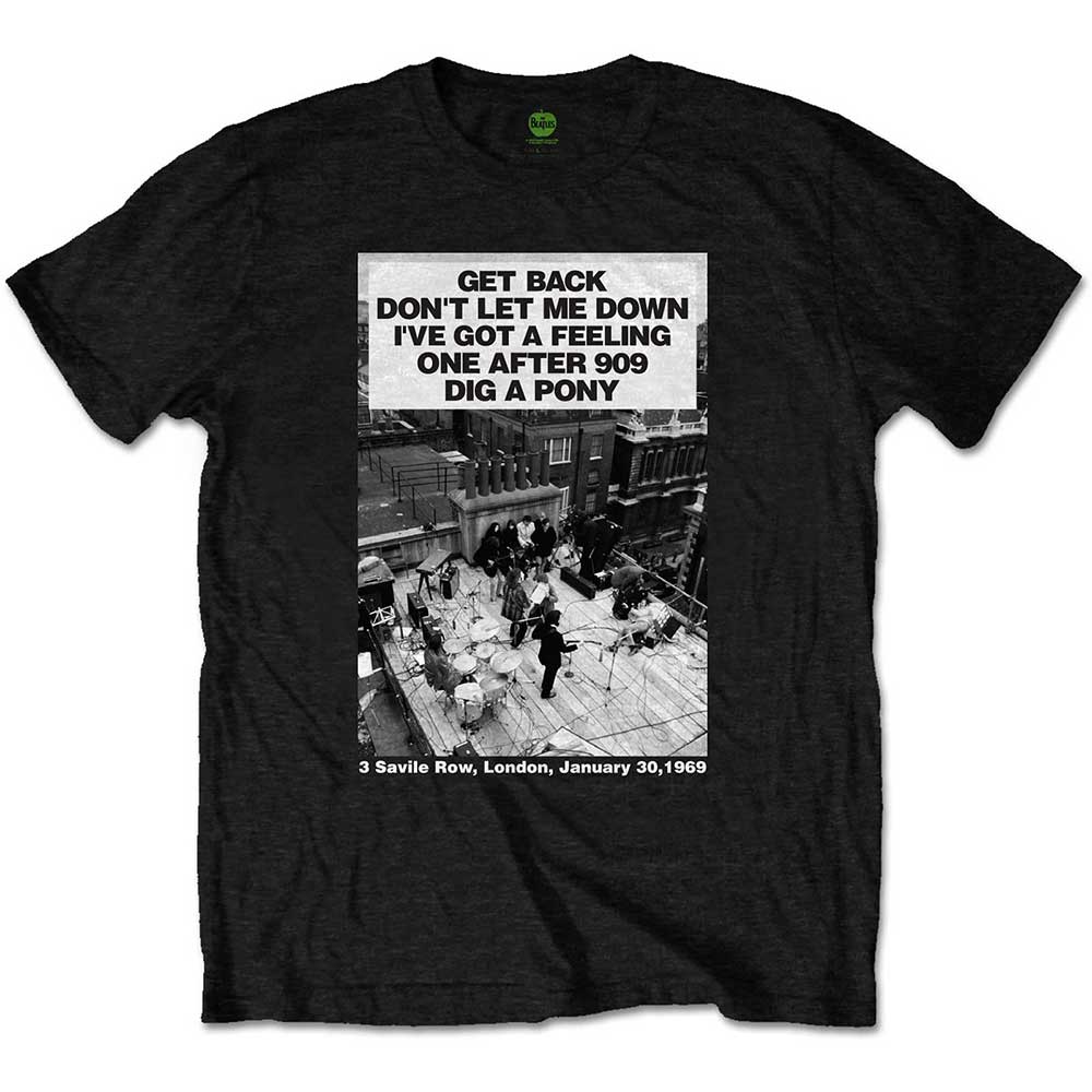 Black t-shirt featuring The Beatles’ Rooftop Concert imagery, size XX-Large.