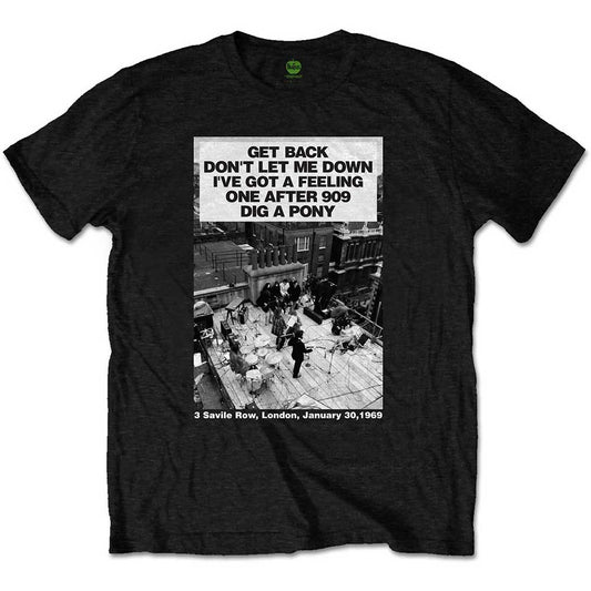 Black t-shirt featuring The Beatles’ Rooftop Concert imagery, size XX-Large.