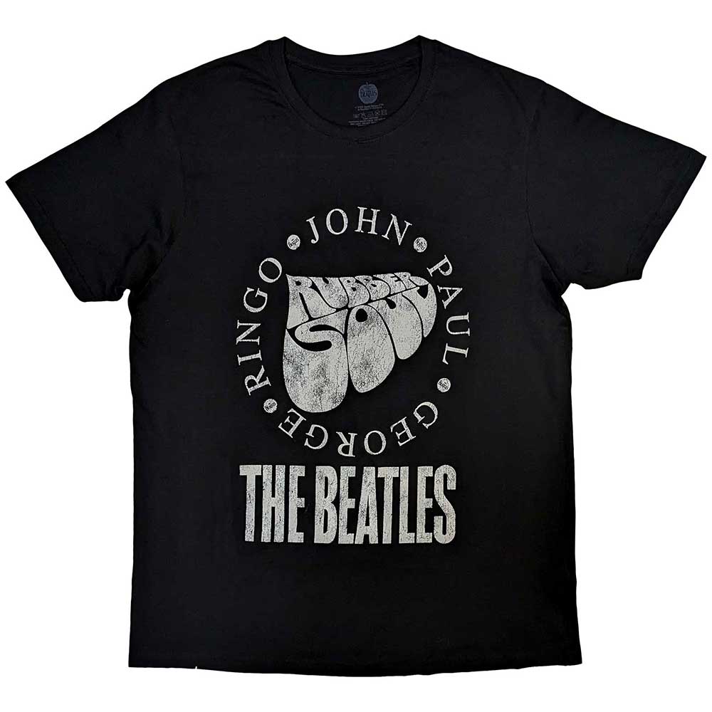 Black unisex t-shirt featuring the four Beatles' names printed in white text.