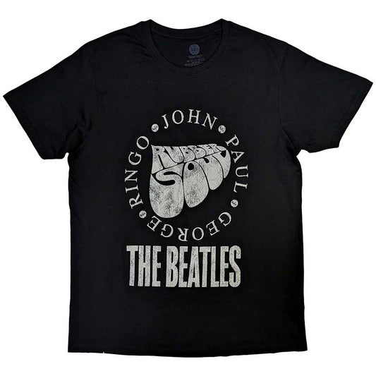 Black unisex t-shirt featuring the four Beatles' names printed in white text.