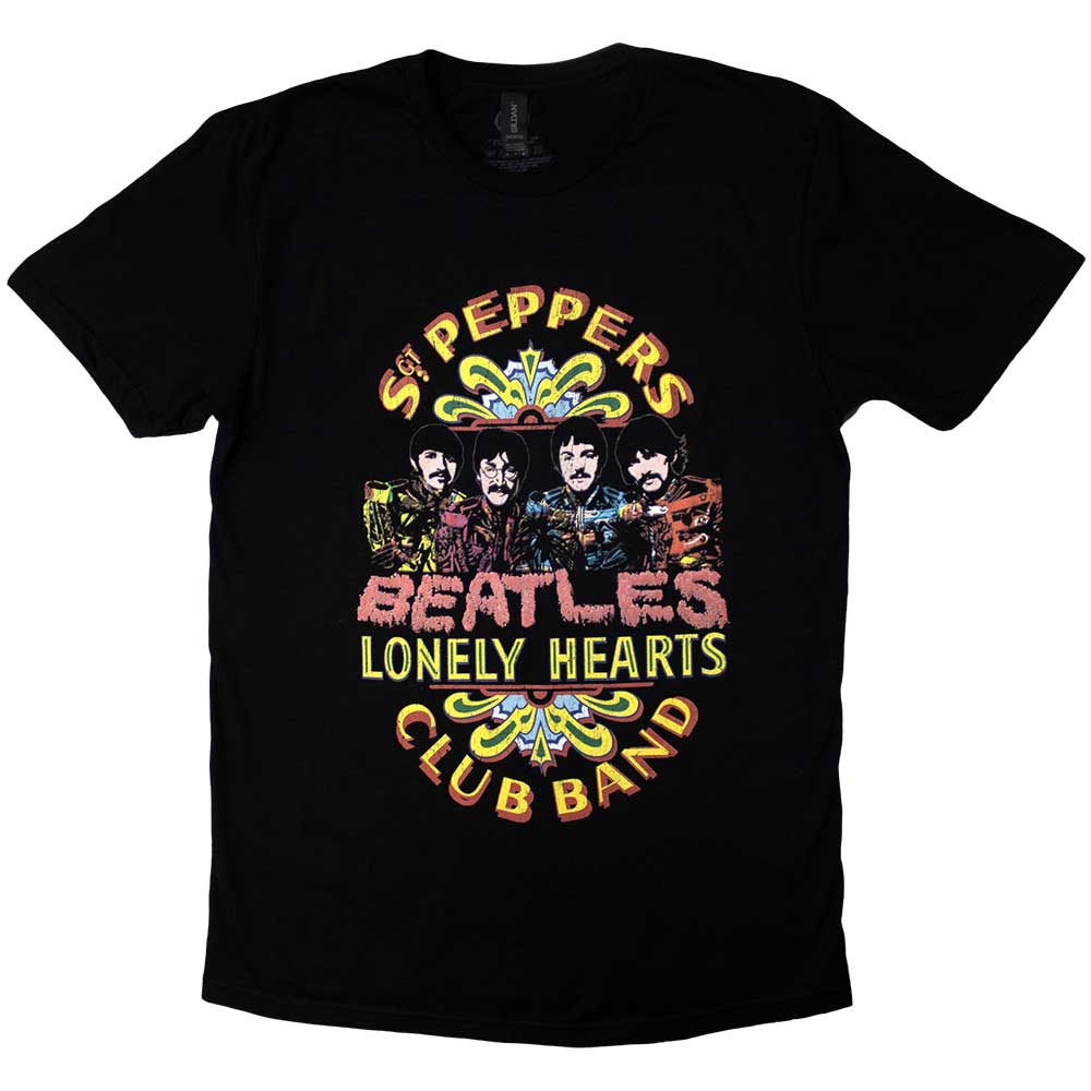 Black t-shirt featuring The Beatles’ Sgt. Pepper album cover artwork, size XX-Large.