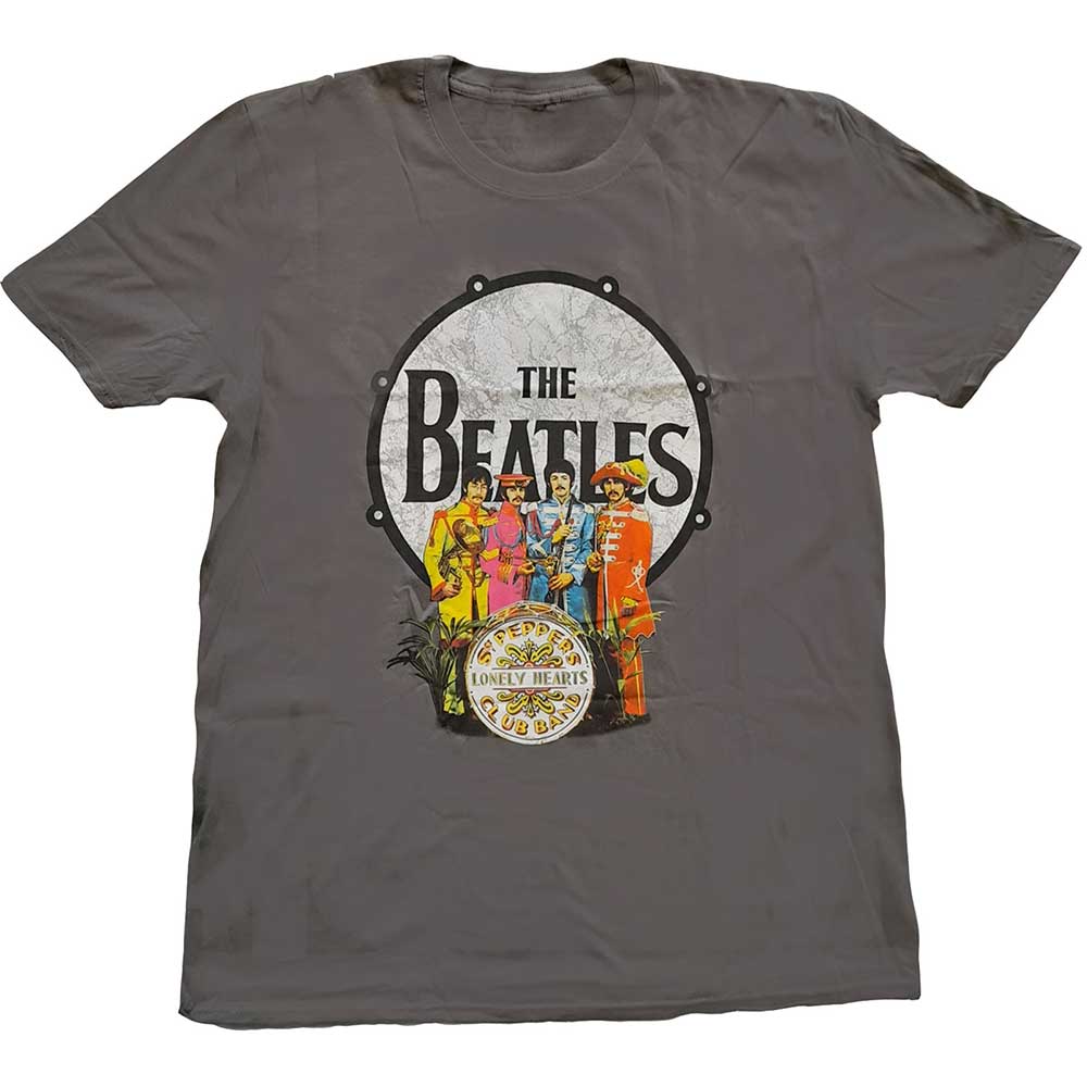 Large unisex t-shirt featuring The Beatles’ Sgt. Pepper album cover artwork.