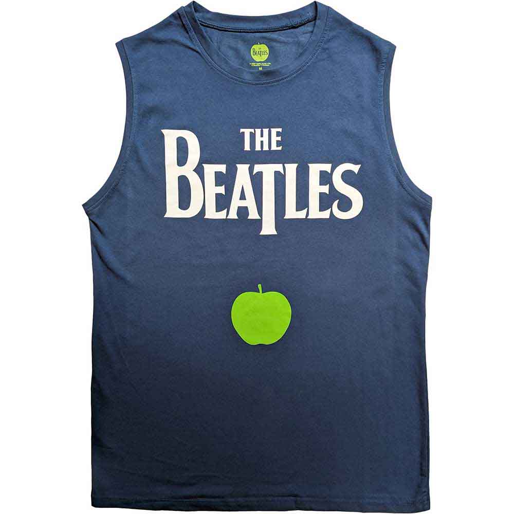 White tank top with The Beatles’ drop T logo and Apple Corp branding.