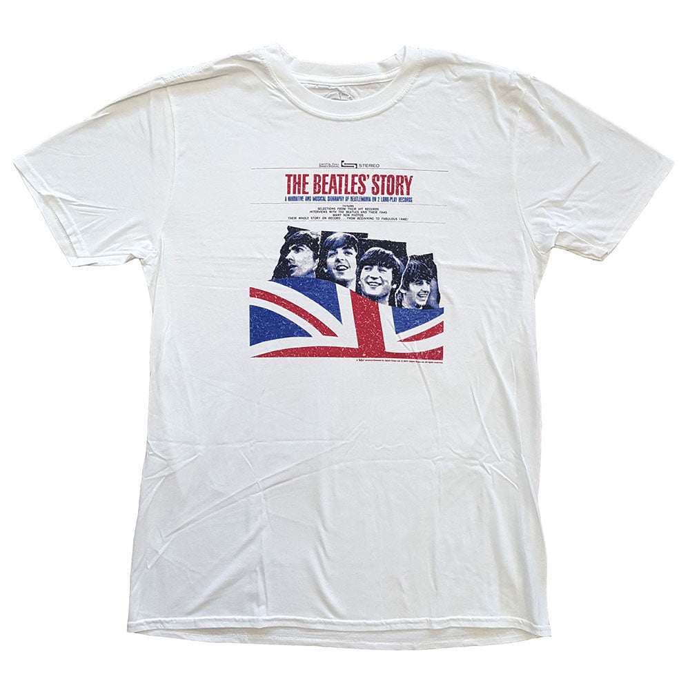 White t-shirt with a Beatles' Story graphic featuring the band and a Union Jack.