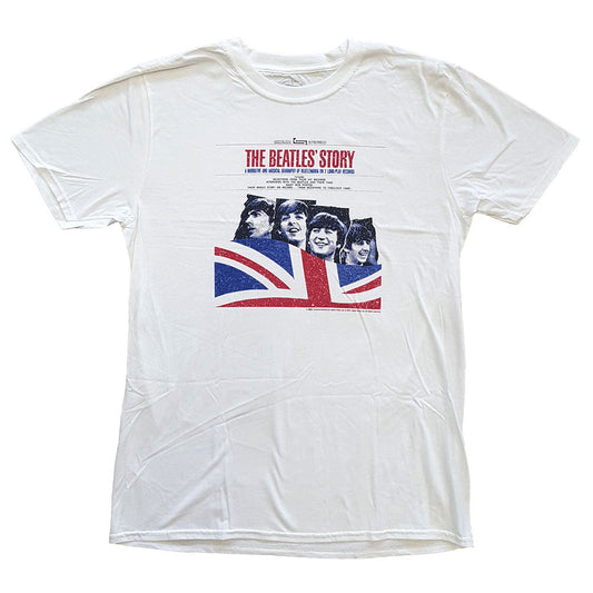 White t-shirt with a Beatles' Story graphic featuring the band and a Union Jack.