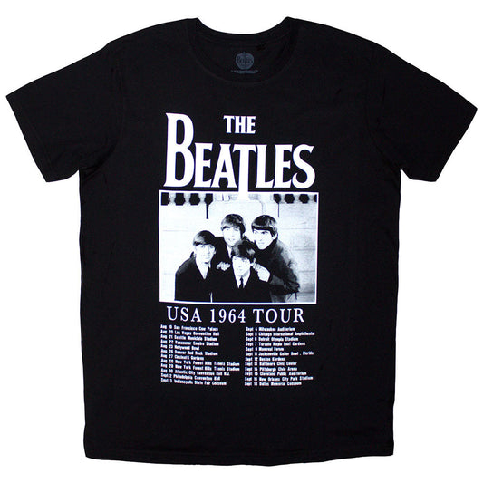 Black t-shirt with The Beatles’ 1964 tour dates printed on it.