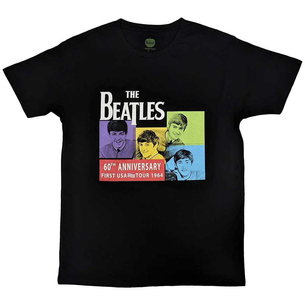 Large black t-shirt featuring a vintage Beatles photograph from their 1964 US tour.