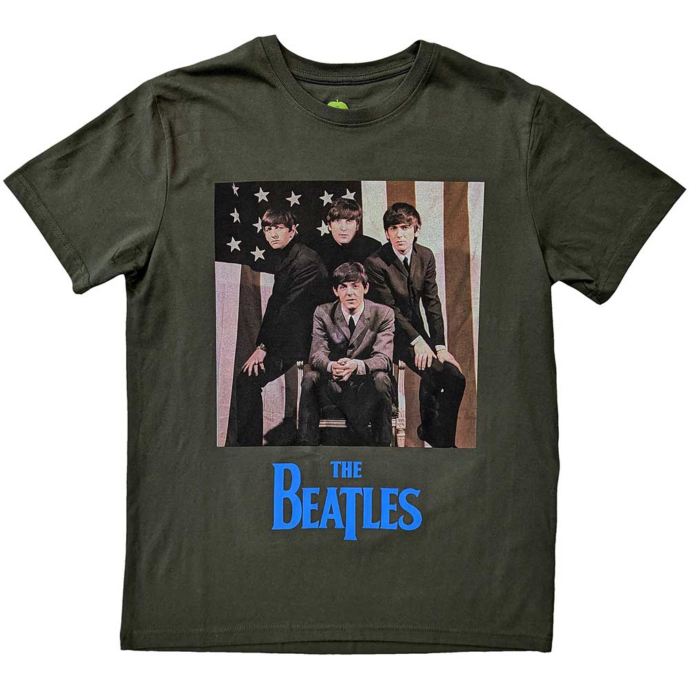 Beatles photo with a US flag background on a unisex, extra-large t-shirt.