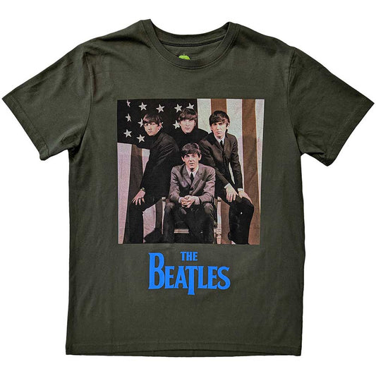 Beatles photo with a US flag background on a unisex, extra-large t-shirt.
