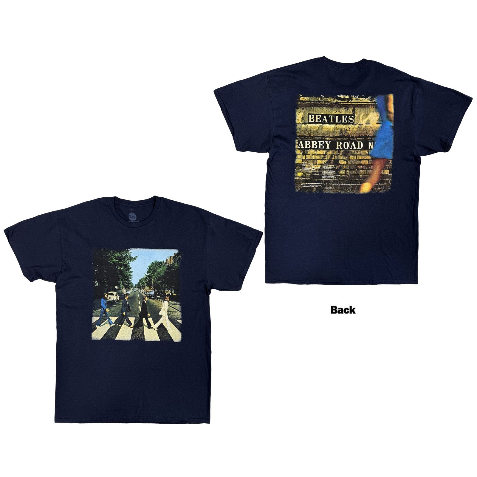 Navy t-shirt with Abbey Road album cover design on front and back.