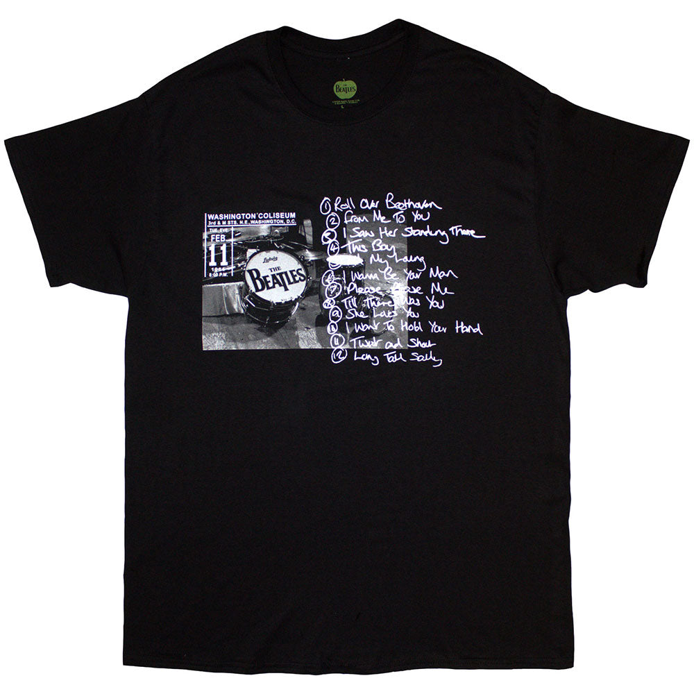 Black t-shirt featuring a 1964 Beatles drum kit photo and concert setlist text.