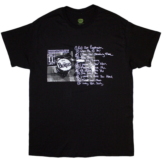 Black t-shirt featuring a 1964 Beatles drum kit photo and concert setlist text.