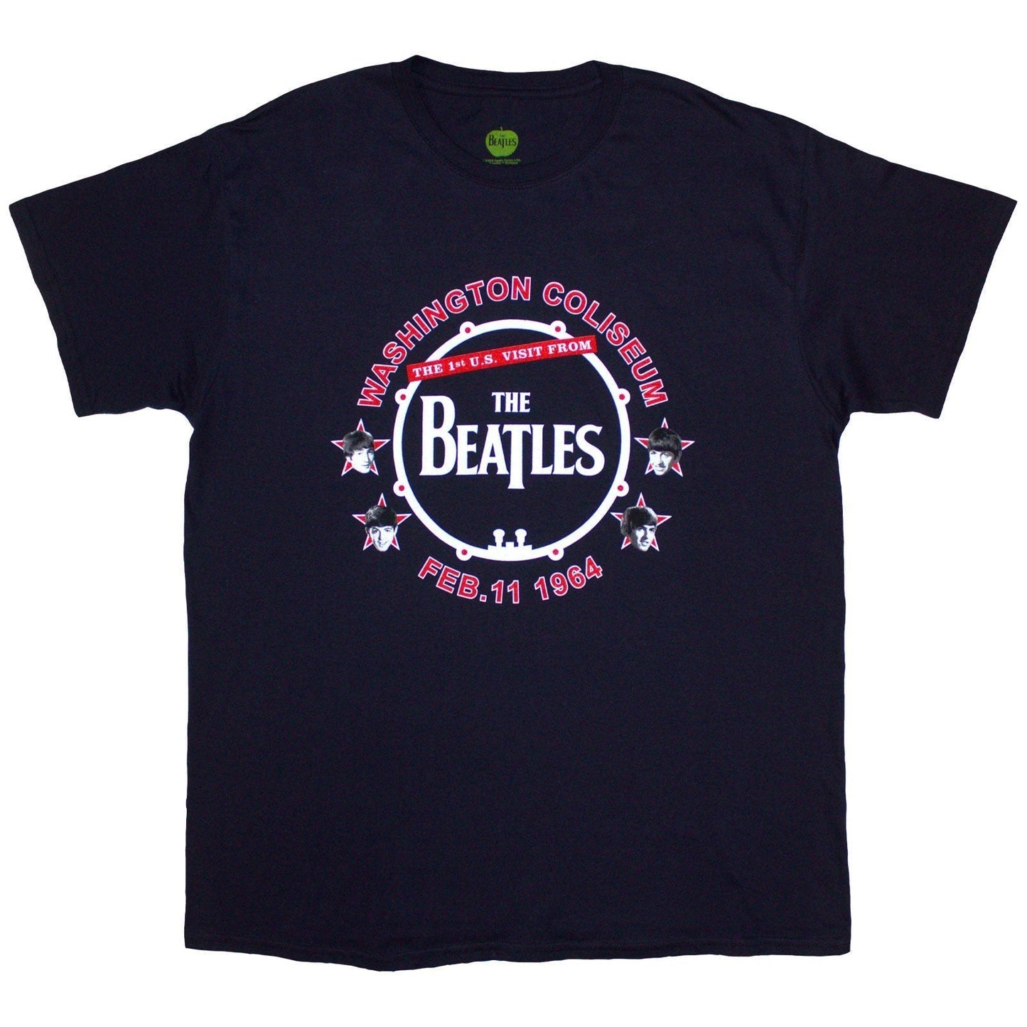 Black unisex t-shirt featuring a white Washington 1964 Beatles drum logo on the chest.