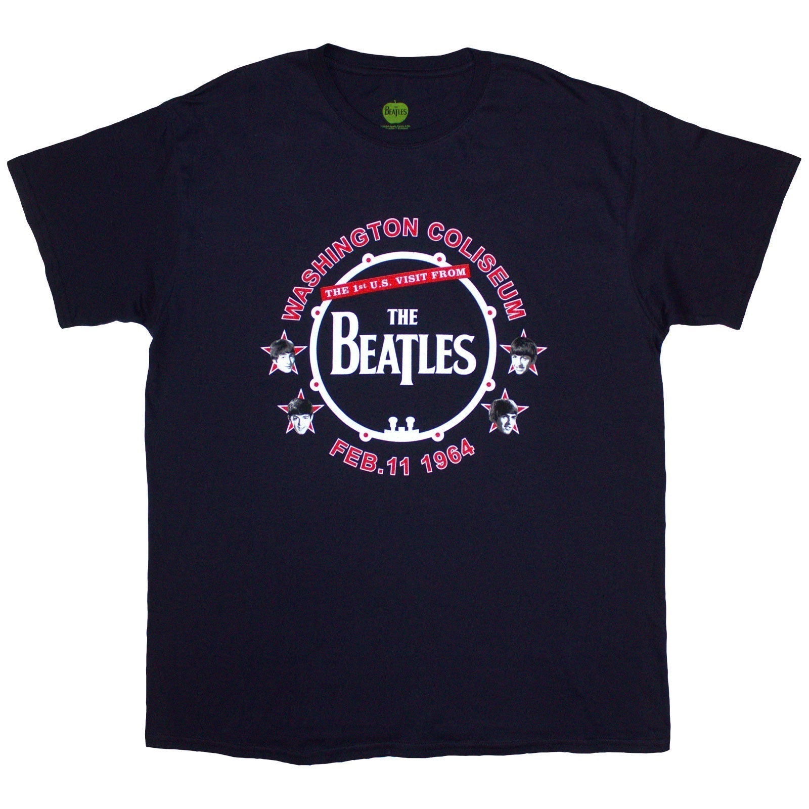 Black unisex t-shirt featuring a white Washington 1964 Beatles drum logo on the chest.