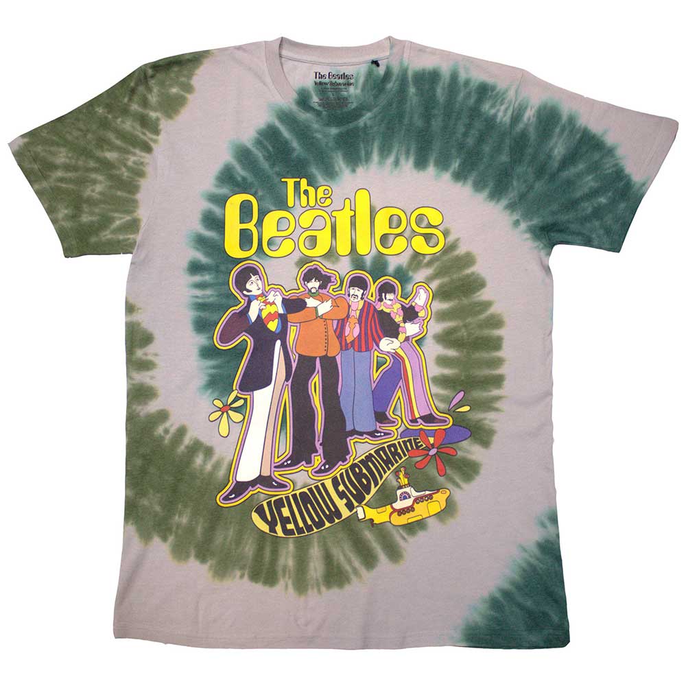 Yellow Submarine Beatles band illustration on a wash-effect, unisex t-shirt.