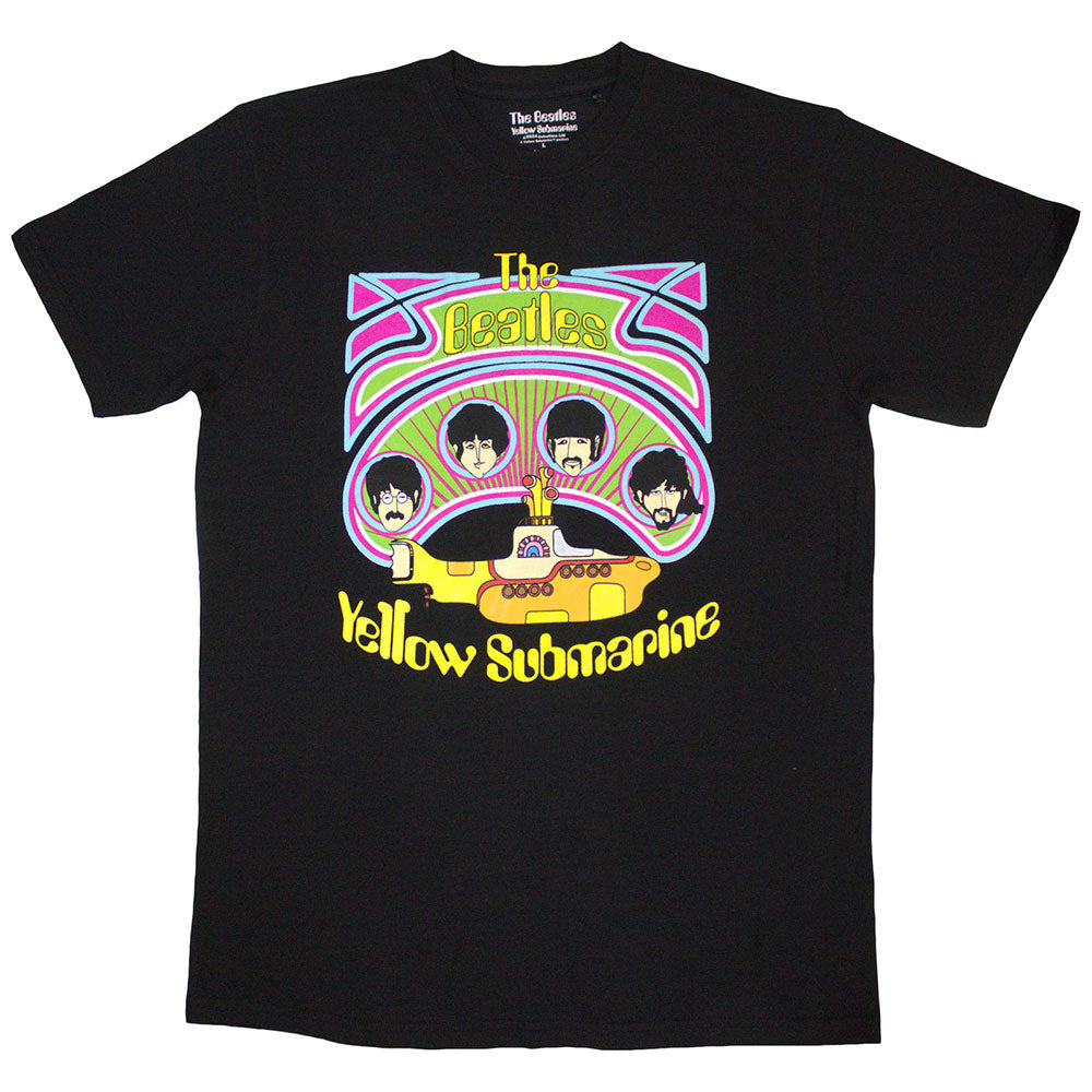 Unisex black t-shirt featuring The Beatles' Yellow Submarine characters arranged in colorful circular patterns.