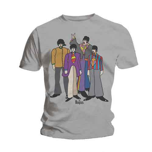 Man wearing a grey t-shirt with a colorful Beatles illustration.