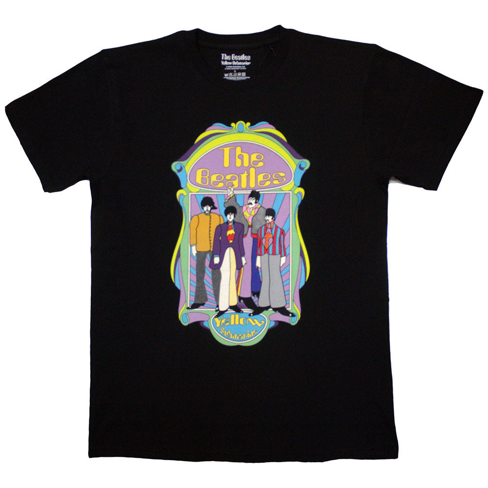 Yellow unisex t-shirt featuring the Beatles Yellow Submarine band frame graphic on the front.
