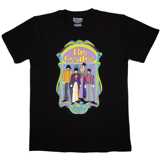 Yellow unisex t-shirt featuring the Beatles Yellow Submarine band frame graphic on the front.