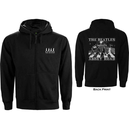 Black zip-up hoodie featuring a white Abbey Road silhouette graphic and The Beatles logo.
