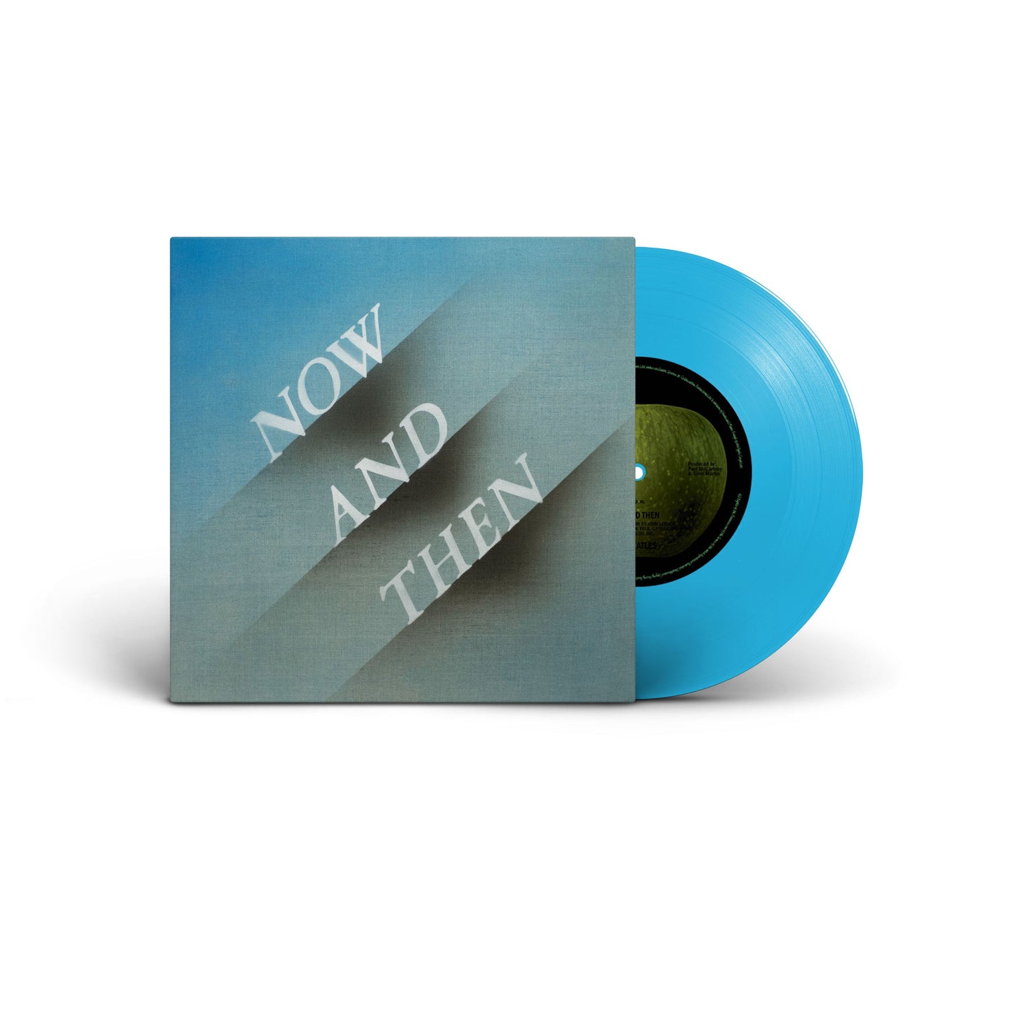 The Beatles Now And Then blue vinyl record and its square cover art.